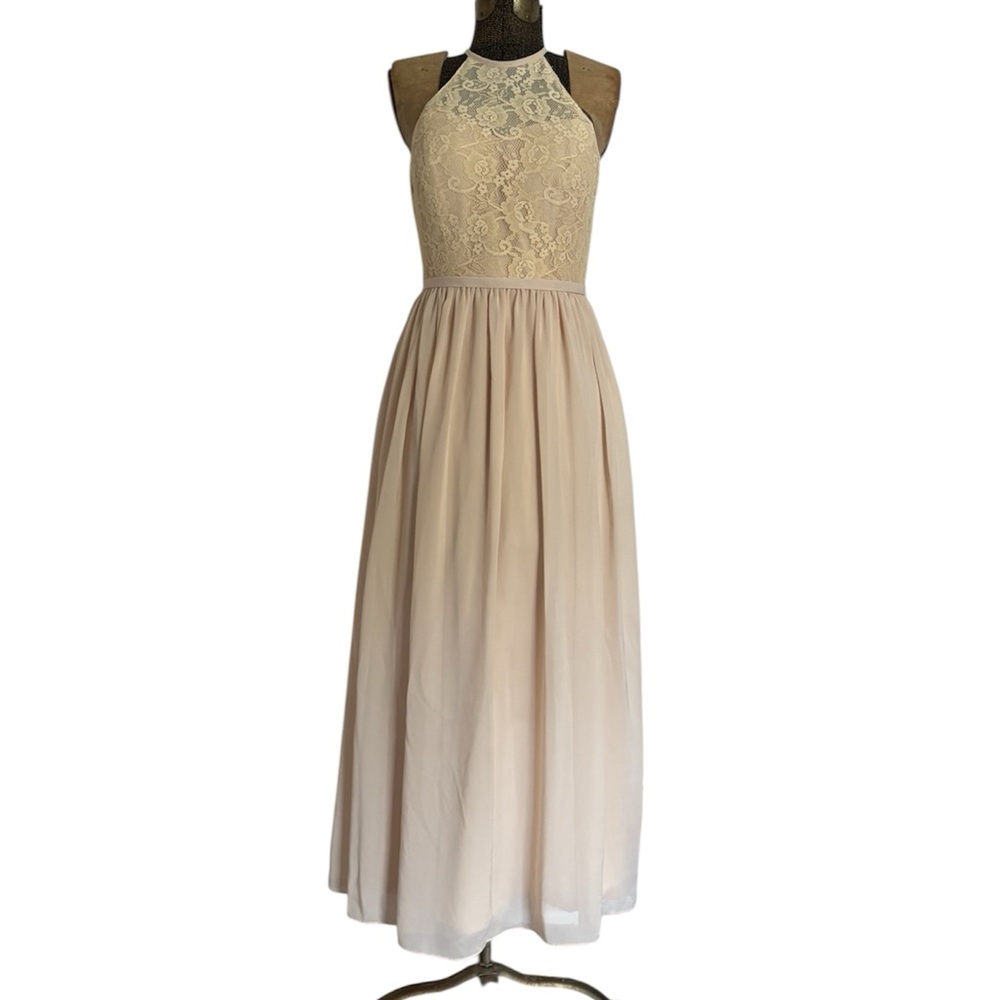 JJ’s House A-line Halter Floor-Length Lace & Chiffon Bridesmaid Dress